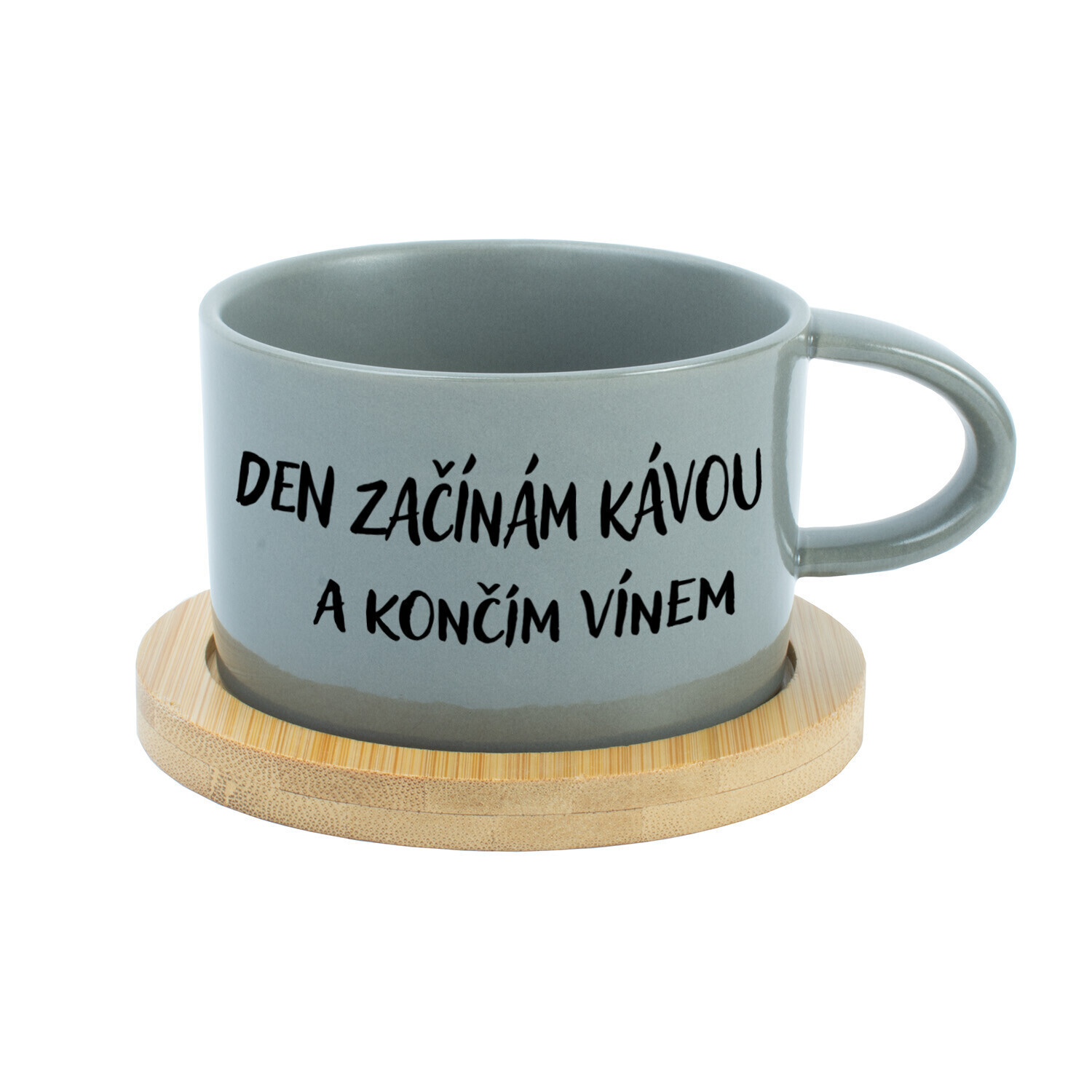 DEN ZAČÍNÁM KÁVOU A KONČÍM VÍNEM - šedý hrníček makronka 200 ml