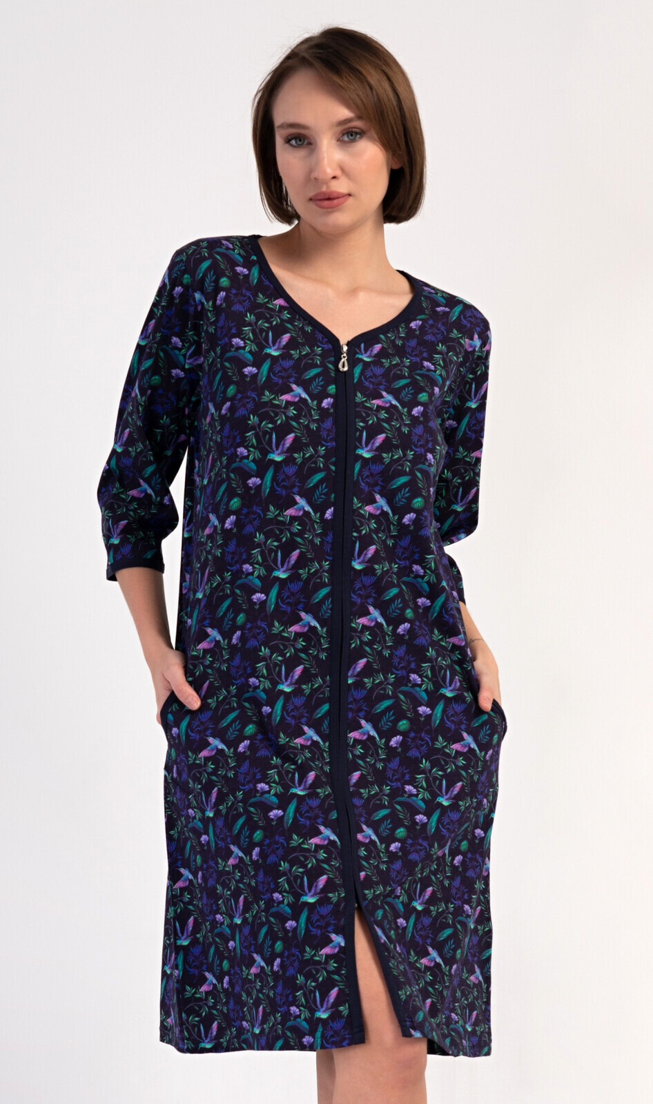 Dámske domáce šaty s trojštvrťovými rukávmi Hummingbird tmavě modrá 4XL