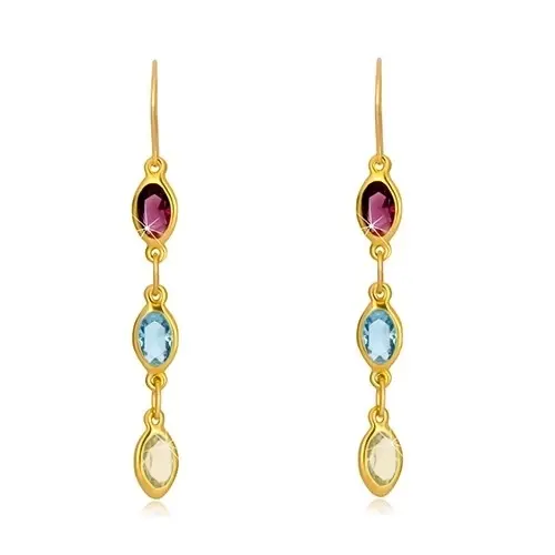 Náušnice v žltom zlate 375 - zirkónové zrnká vo fialovom, belasom a žltom odtieni