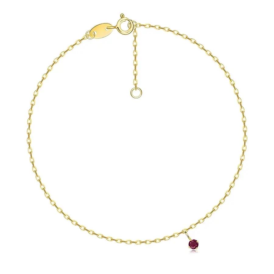 Zlatý 375 náramok v žltom zlate - okrúhly ružovo-červený kameň, oválne očká