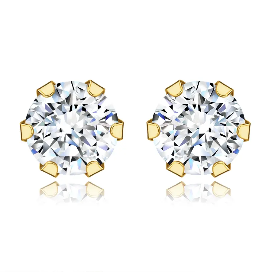 Náušnice zo žltého 375 zlata - číry brúsený zirkón okrúhleho tvaru, 4 mm