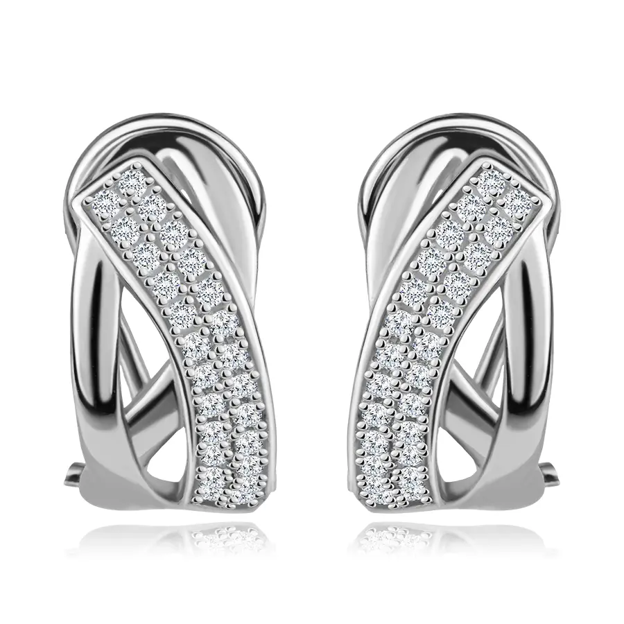 Strieborné náušnice s prepletaným motívom, vlnkou a čírymi zirkónmi
