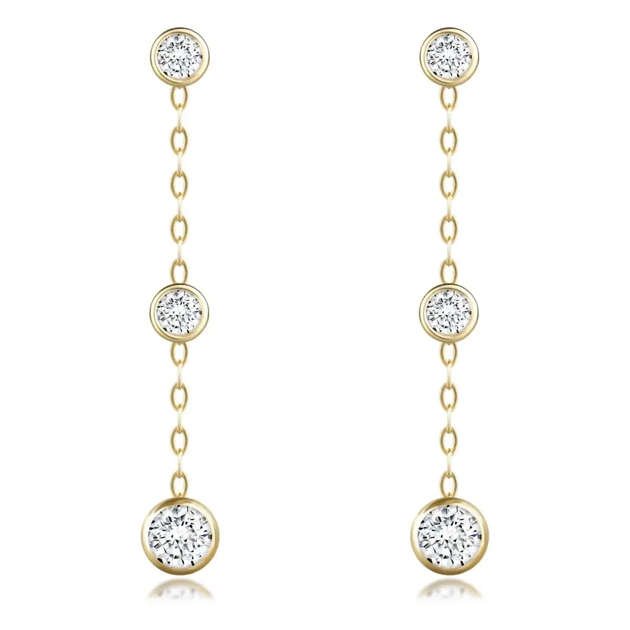 Puzetové náušnice zo žltého 9K zlata - okrúhle zirkóny, tenká retiazka