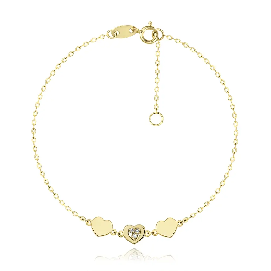 Zlatý náramok 14K so srdciami a čírymi zirkónmi