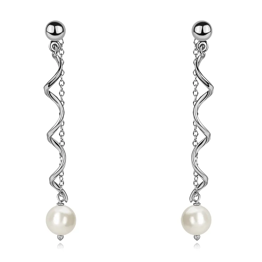 Strieborné náušnice 925 so sklenenou perlou a lesklou špirálou
