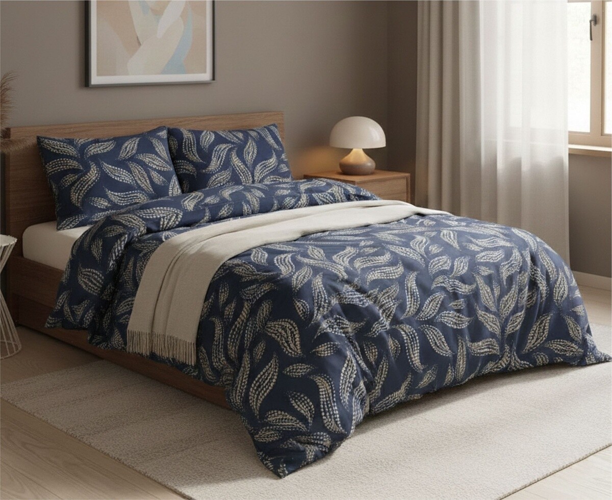 Obliečky bavlnené, Flanel Blue leaves, 140 x 200/70 x 90 cm