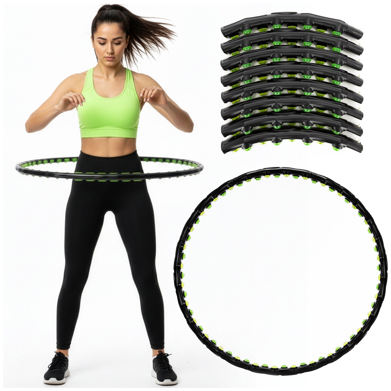 Hula hoop s masážnymi výstupkami - 88 cm - skladací - čierno-zelený