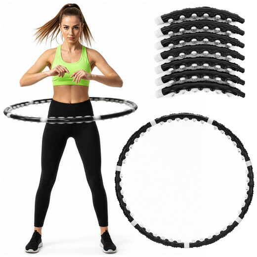 Hula hoop s masážnymi výstupkami - 92 cm - skladací - čierny