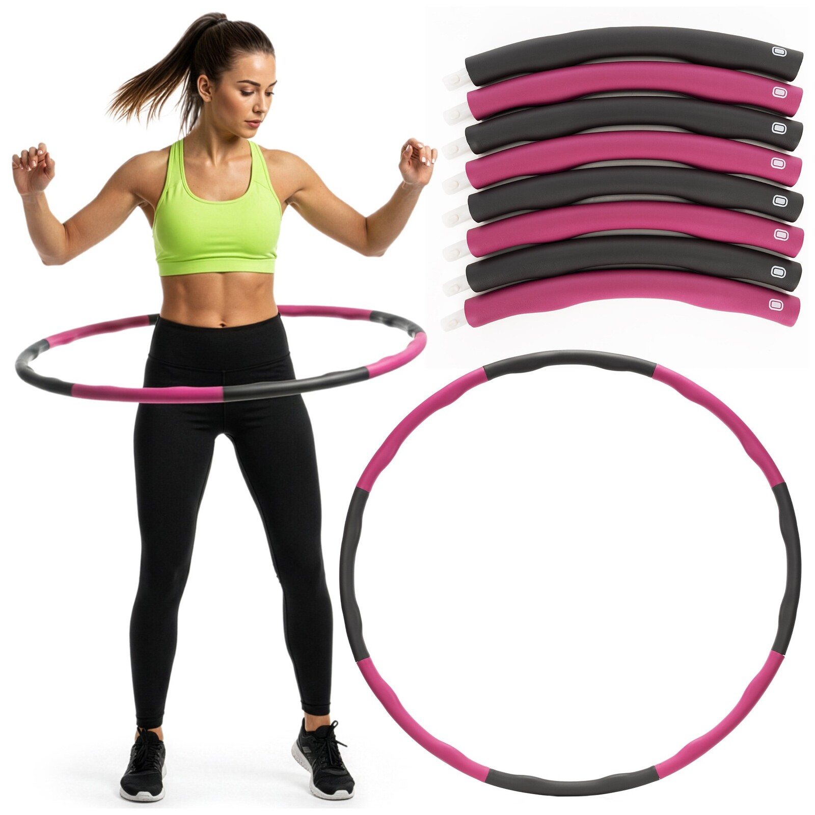 Hula hoop s NBR penou - 88 cm - skladací - sivo-ružový
