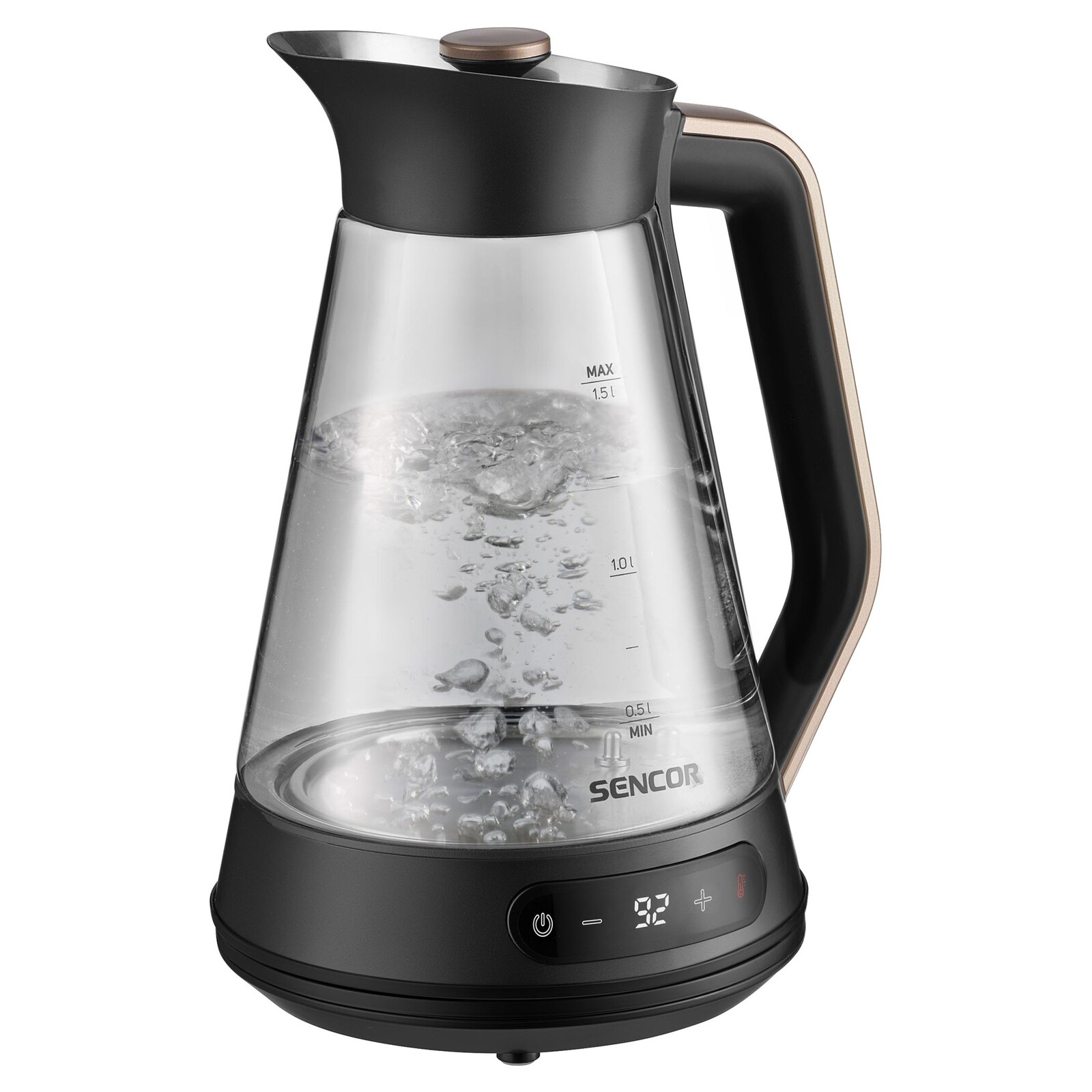 Sencor SWK 1595BK Sklenená rýchlovarná kanvica s reguláciou teploty Objem 1,5 l, Variabilné nastavenie teploty vody od 35 do 100 °C, Výkonný