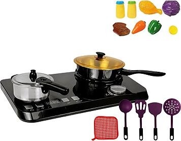 LEAN Toys 7568 Dětský nerezový kuchyňský set s varnou deskou a doplňky, 32 ks