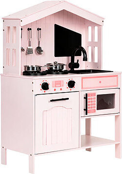 ECOTOYS PLK563P Dřevěná kuchyňka s troubou, mikrovlnkou a příslušenstvím, růžová