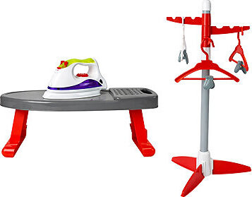 LEAN Toys 6862 Dětská žehlička na baterie, žehlící prkno a stojan s ramínky