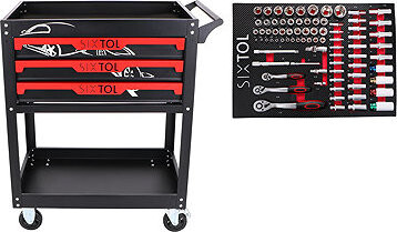 SIXTOL Dielenský vozík s náradím Mechanic Trolley Jason 80, 3 zásuvky, 1 polica, 80 ks náradia