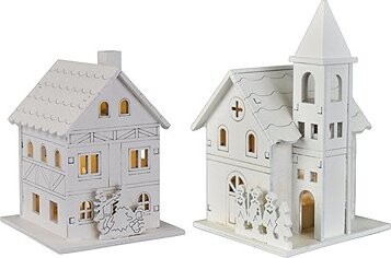 DOMMIO Drevený domček a kostolík LED osvetlenie, súprava 2 ks