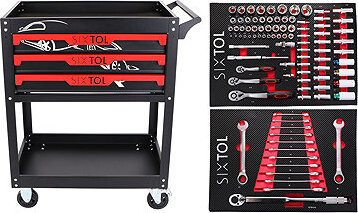 SIXTOL Dielenský vozík s náradím Mechanic Trolley Jason 94, 3 zásuvky, 1 polica. 94 ks náradia