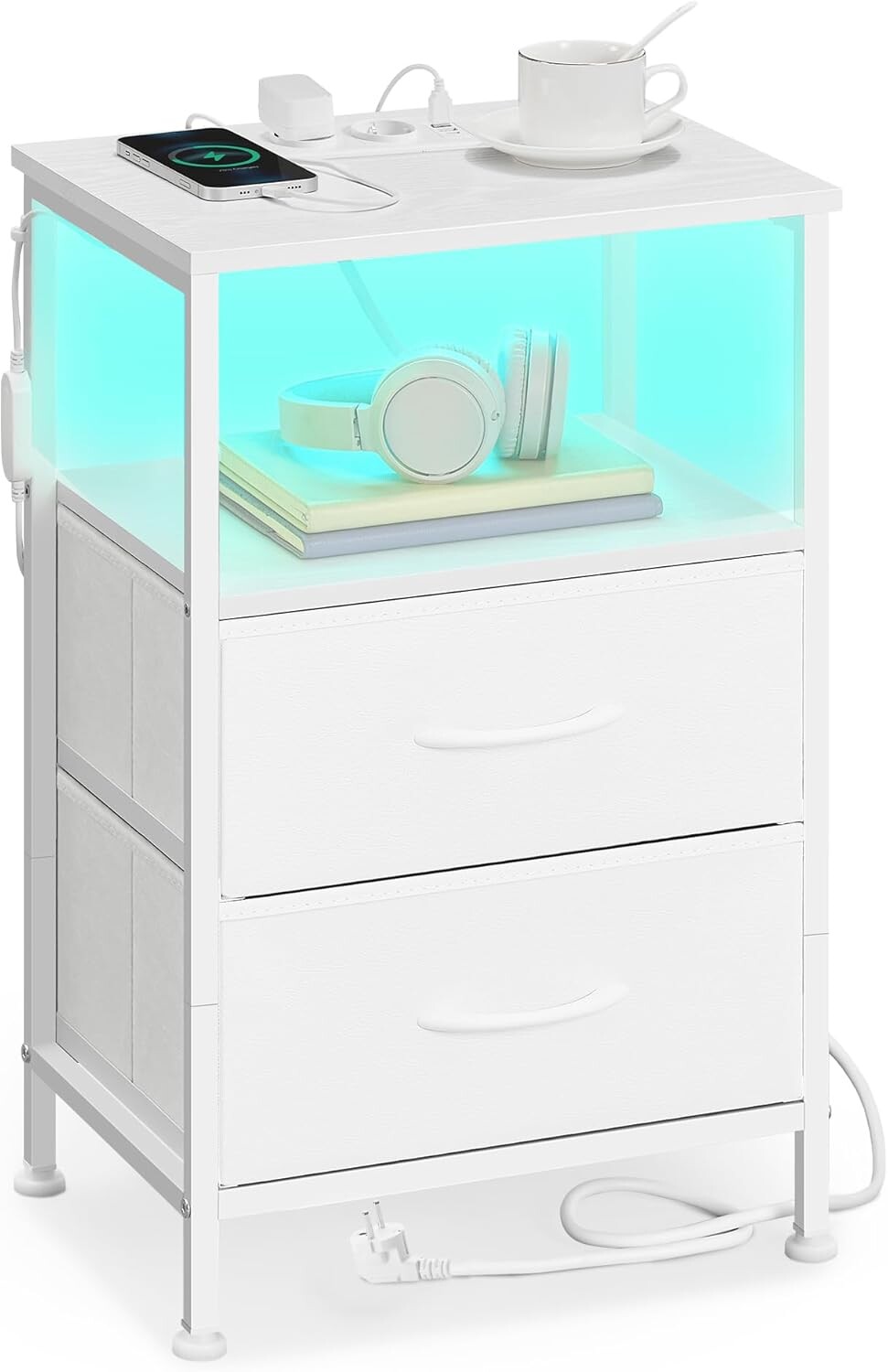 Noční stolek Belah s LED osvětlením a nabíjecí stanicí bílý