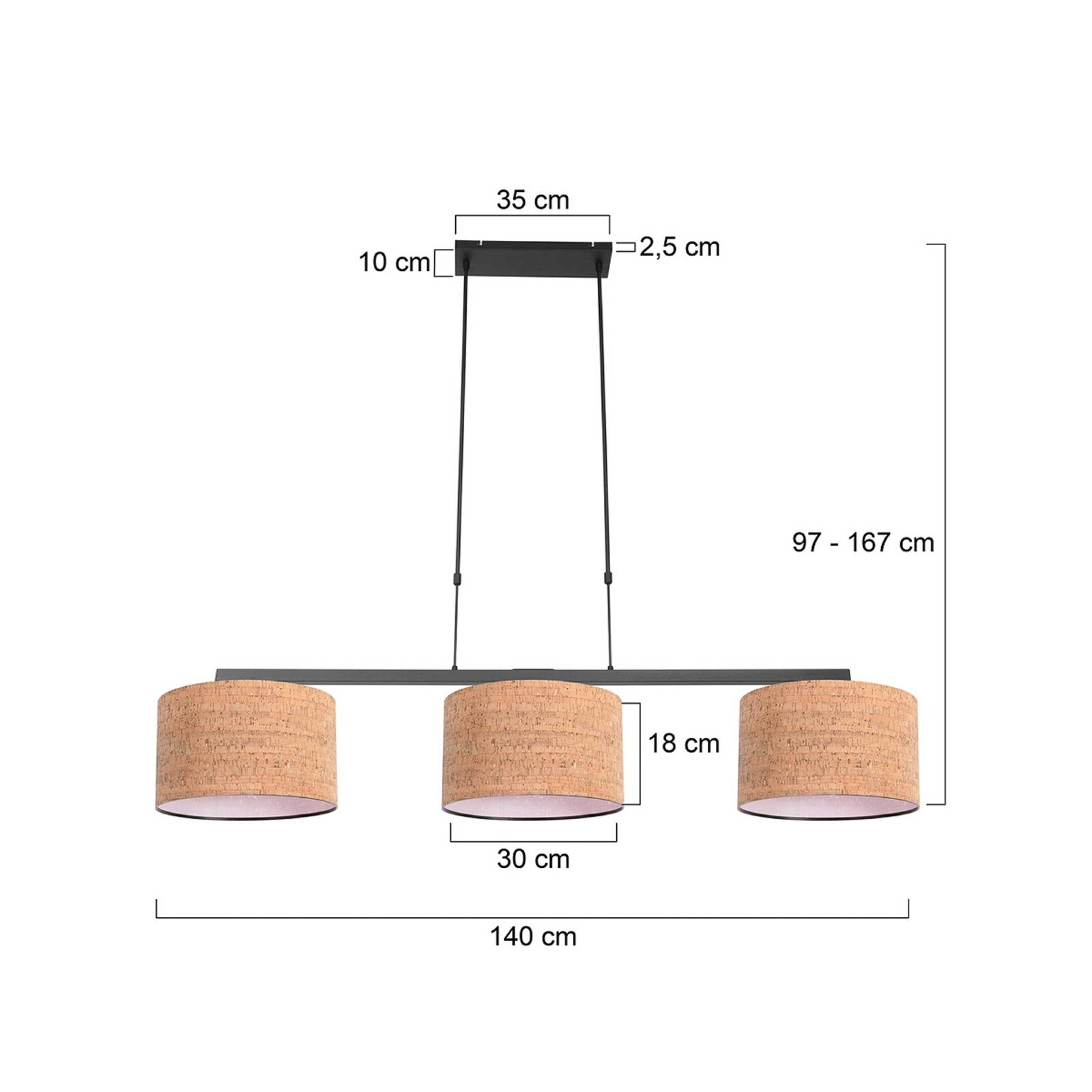 Závesné svietidlo Stang, čierna/hnedá, dĺžka 140 cm, korok, 3-pl.