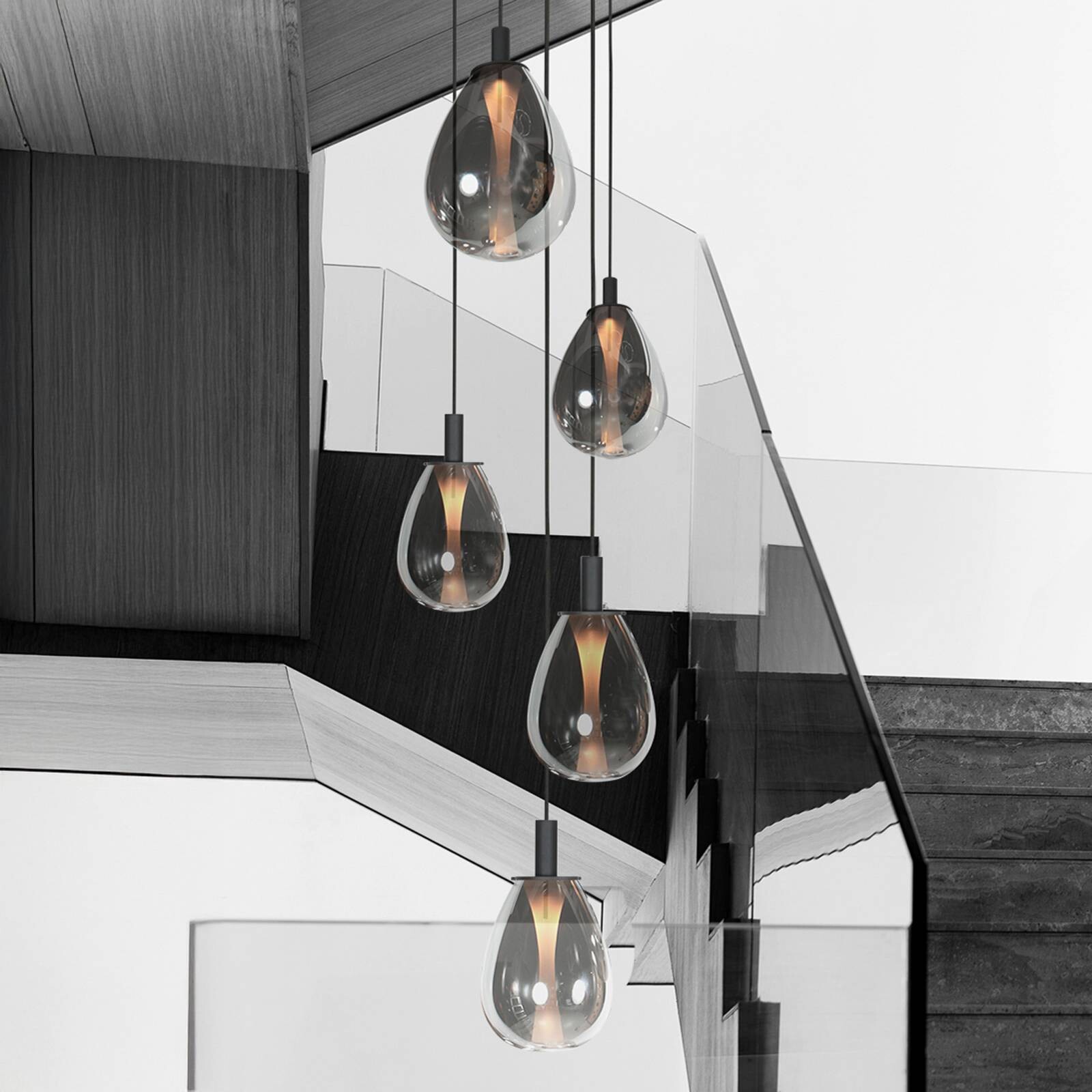 LED závesné svietidlo Glimsy, Ø 40 cm čierna/dymovo sivá sklenená 5-pl.