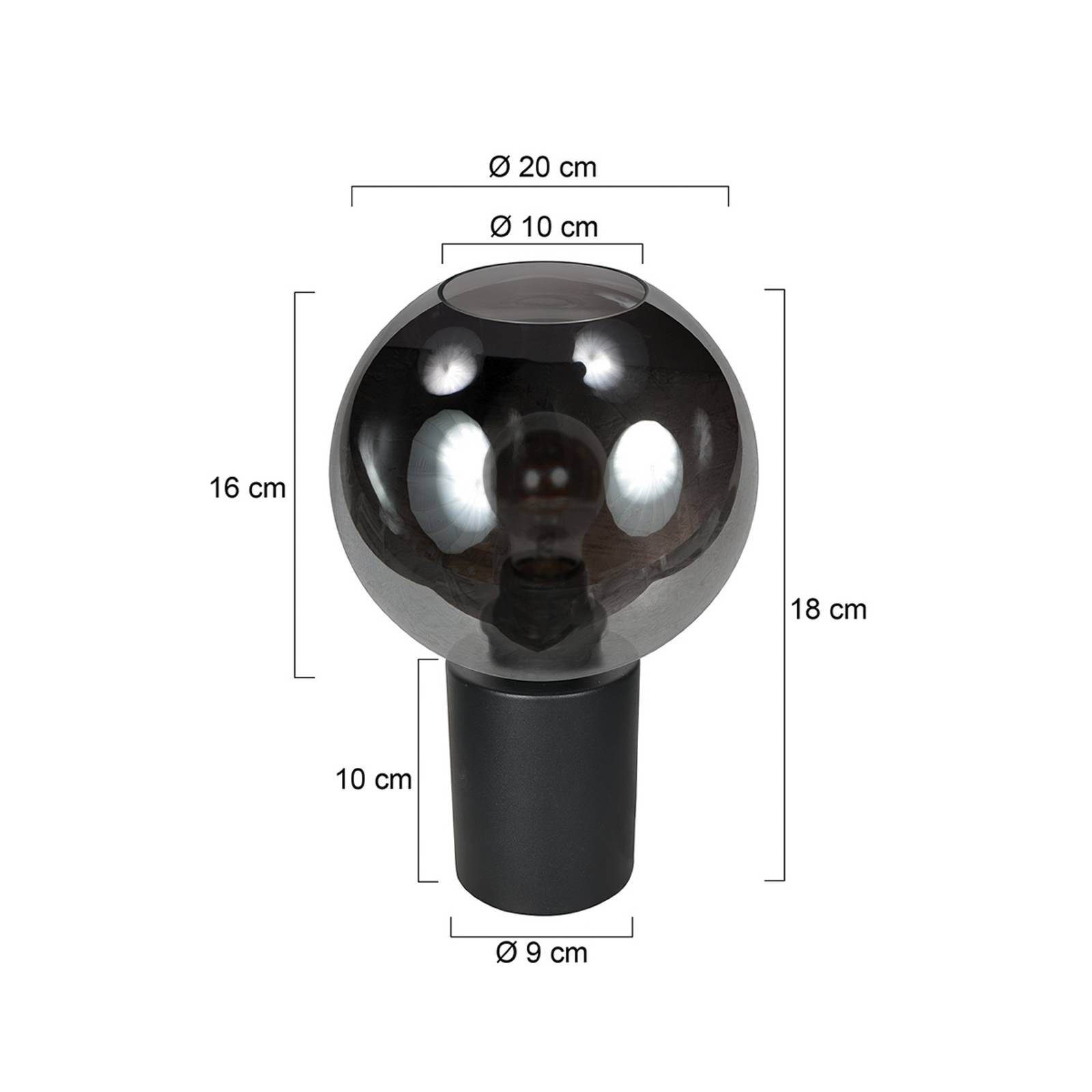 Stolová lampa Bloeba, čierna/dymovo sivá, Ø 20 cm, sklenená guľa