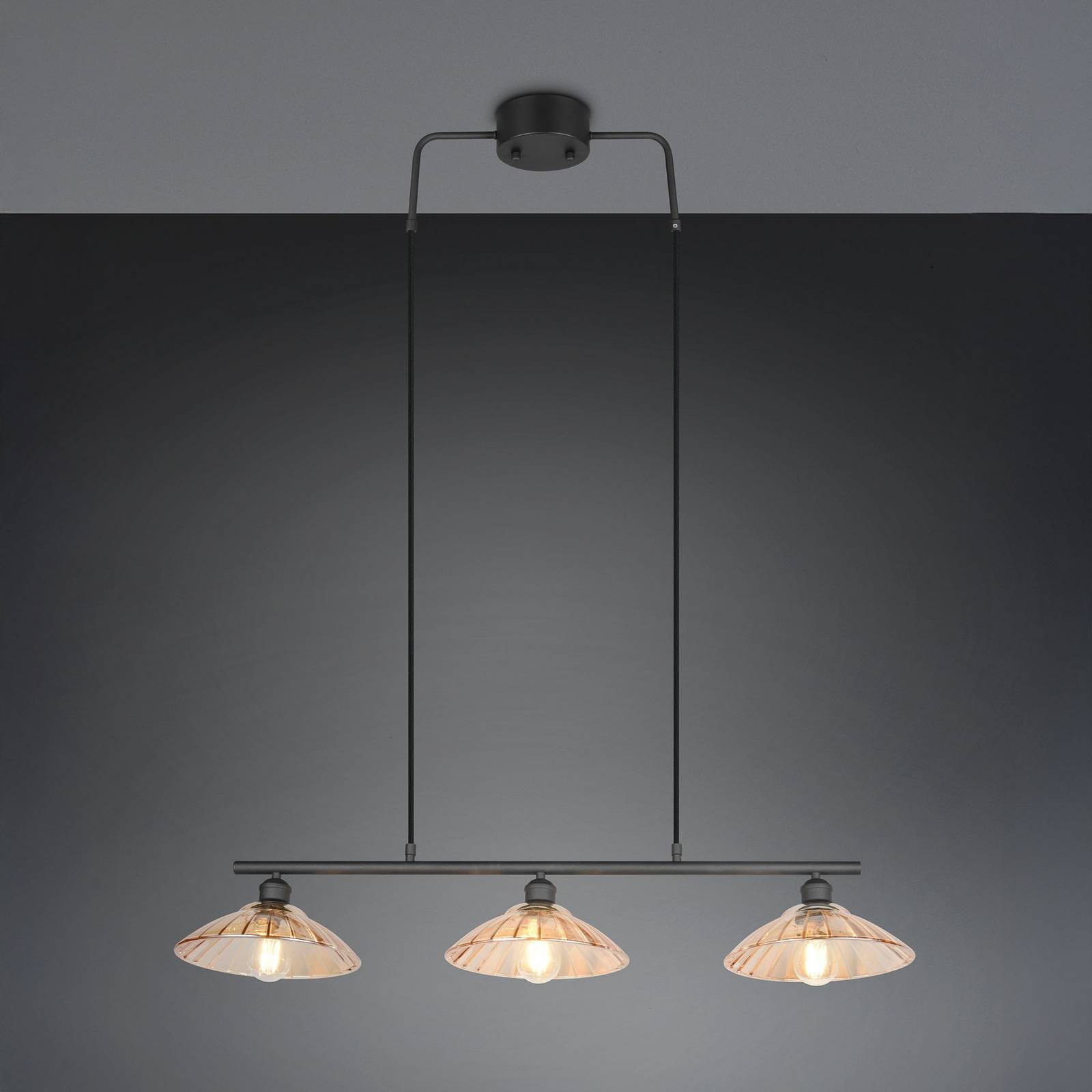 Závesné svietidlo Eluna, jantárová/čierna, 100 cm, sklo/kov, 3-pl.