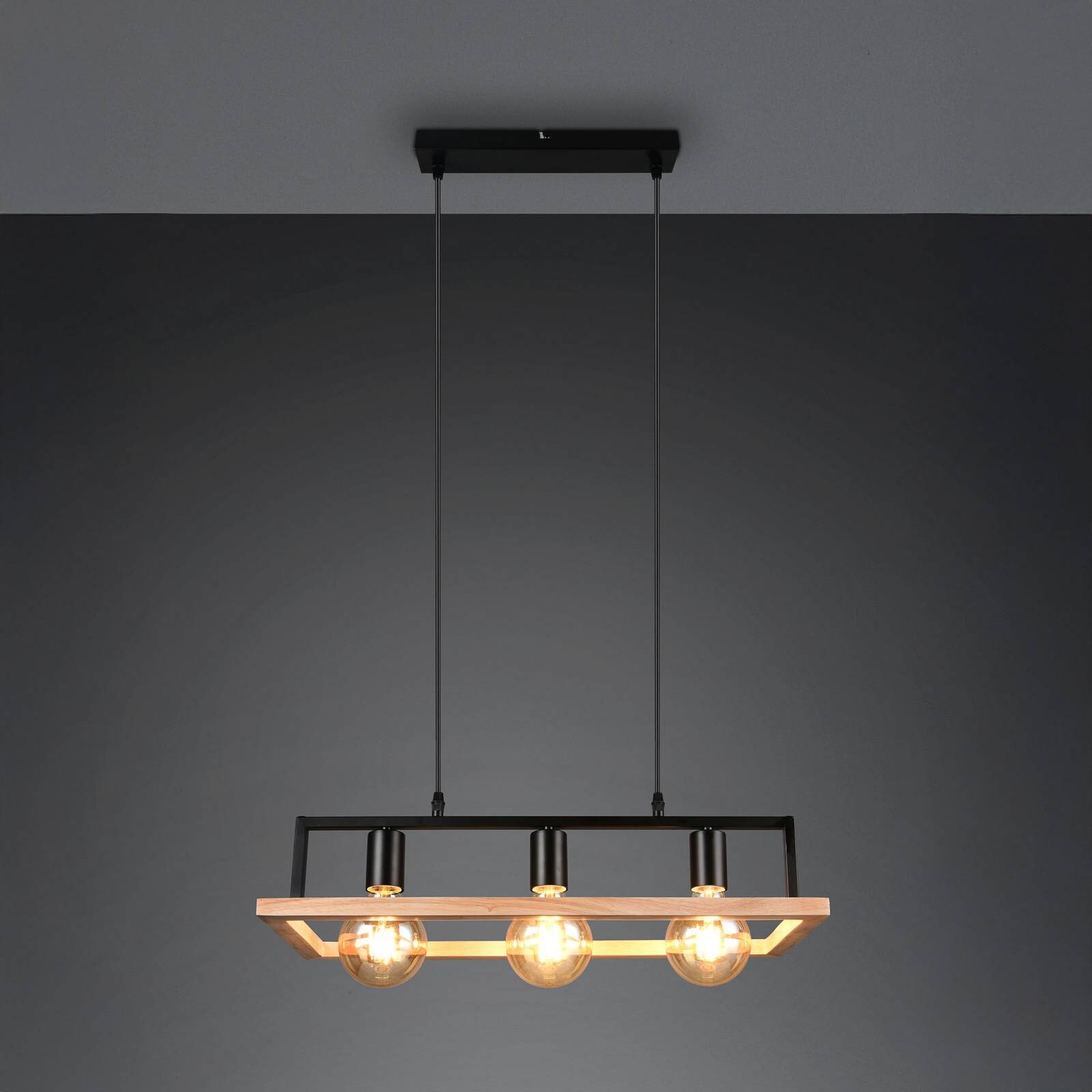 Závesné svietidlo Bano, drevo/čierna, dĺžka 58 cm, kov, 3-pl.