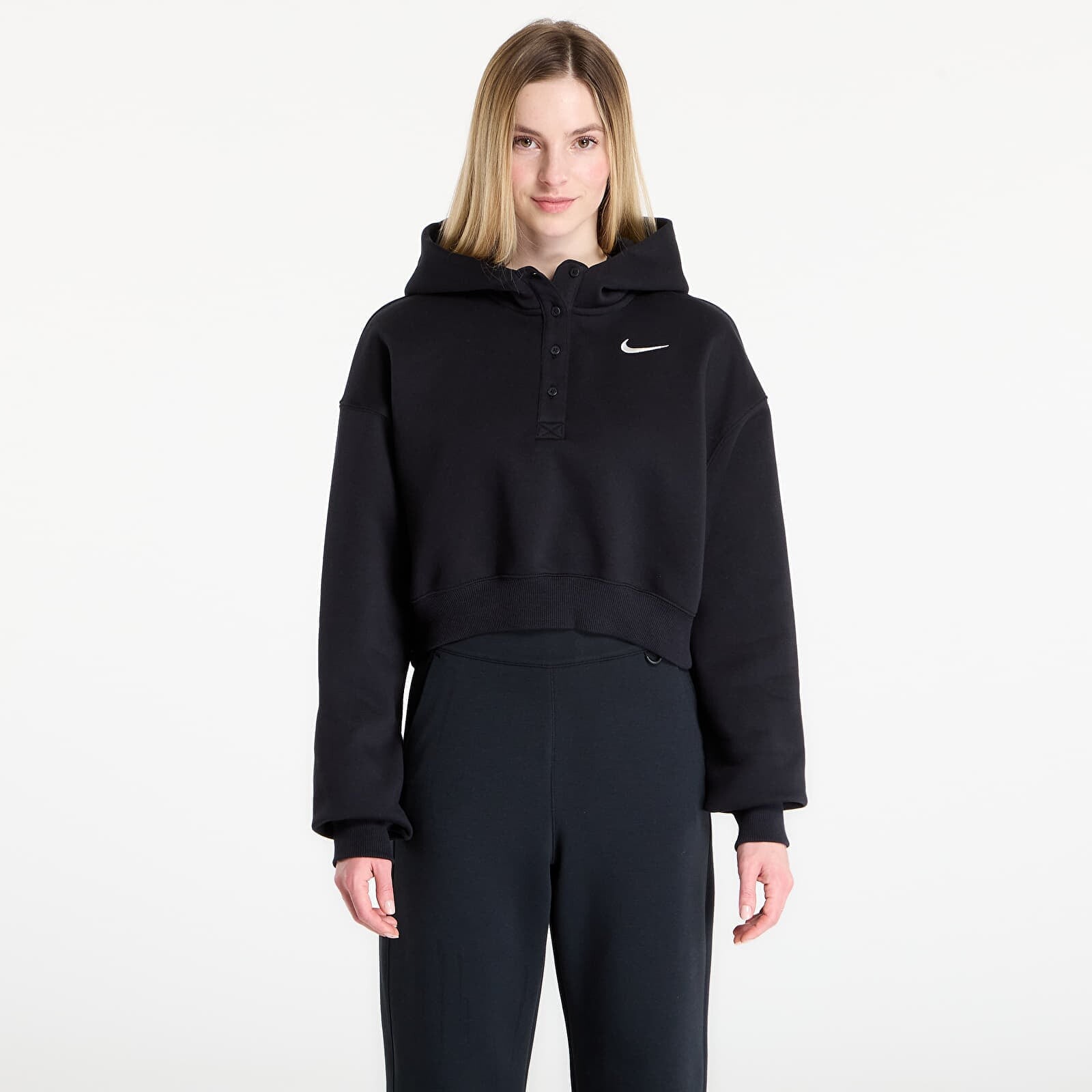 Mikina Nike Sportswear Phoenix Fleece Women's Oversized Cropped Henley Hoodie Black/ Sail L