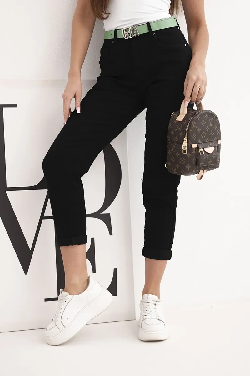 Dámske mom fit rifle s vysokým pásom a zeleným opaskom