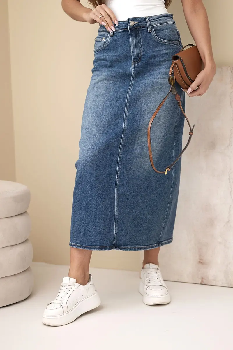 Midi rifľová sukňa s vysokým pásom