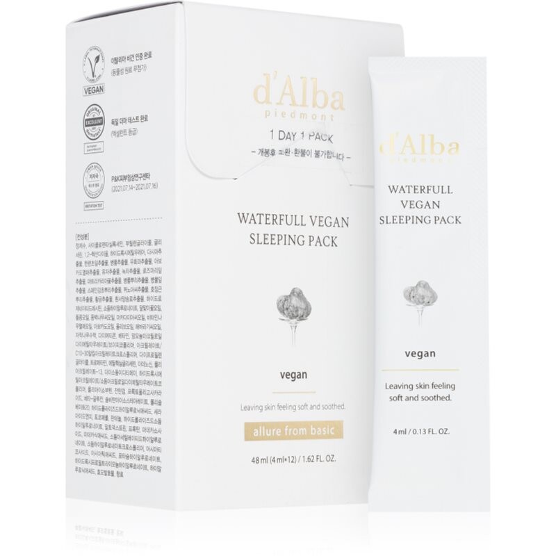 d'Alba Waterfull Vegan Sleeping Pack upokojujúca hydratačná maska na noc 4x12 ml