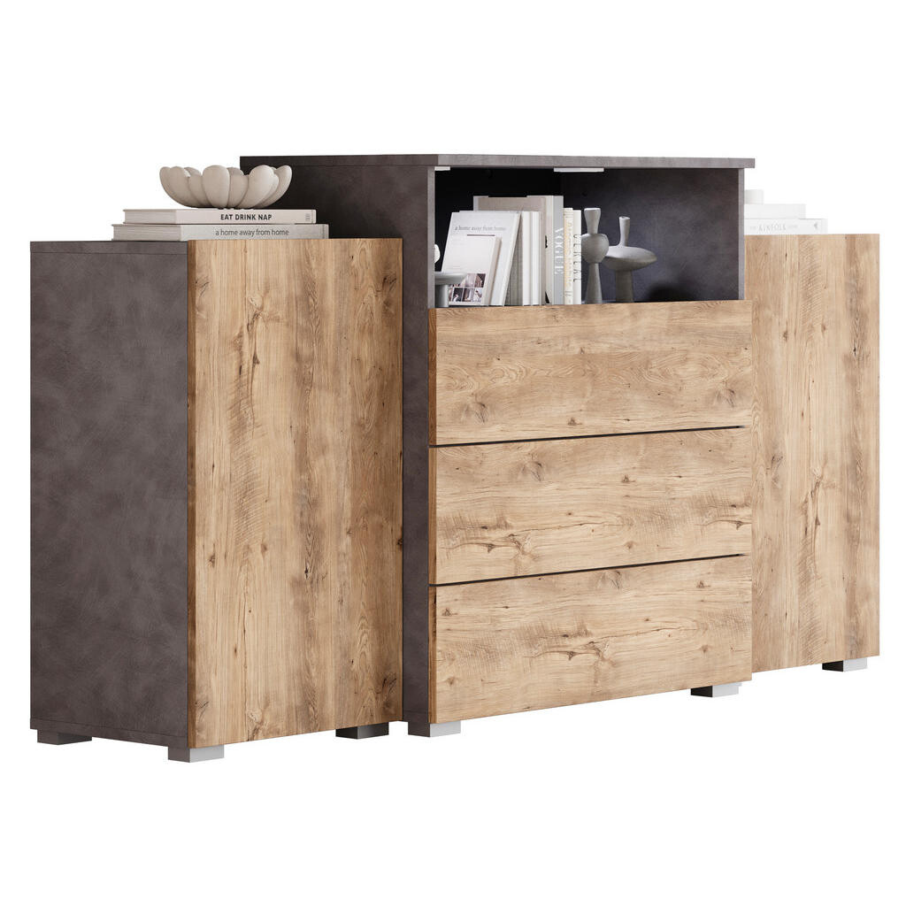 P & B ŠIROKÁ KOMODA, antracitová, farba duba košíčkatého, 150/81/37 cm