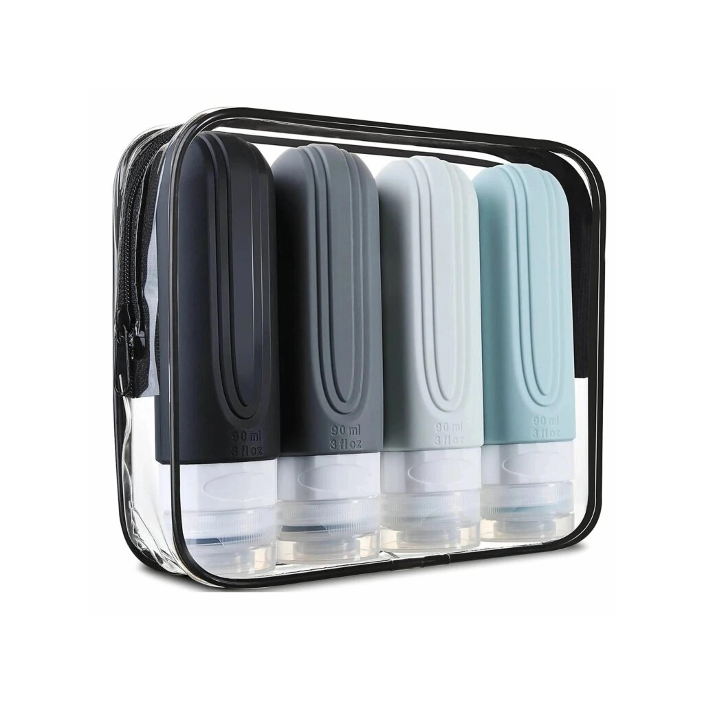 Silikónové cestovné fľaše do lietadla v púzdre 4x90 ml - farebné