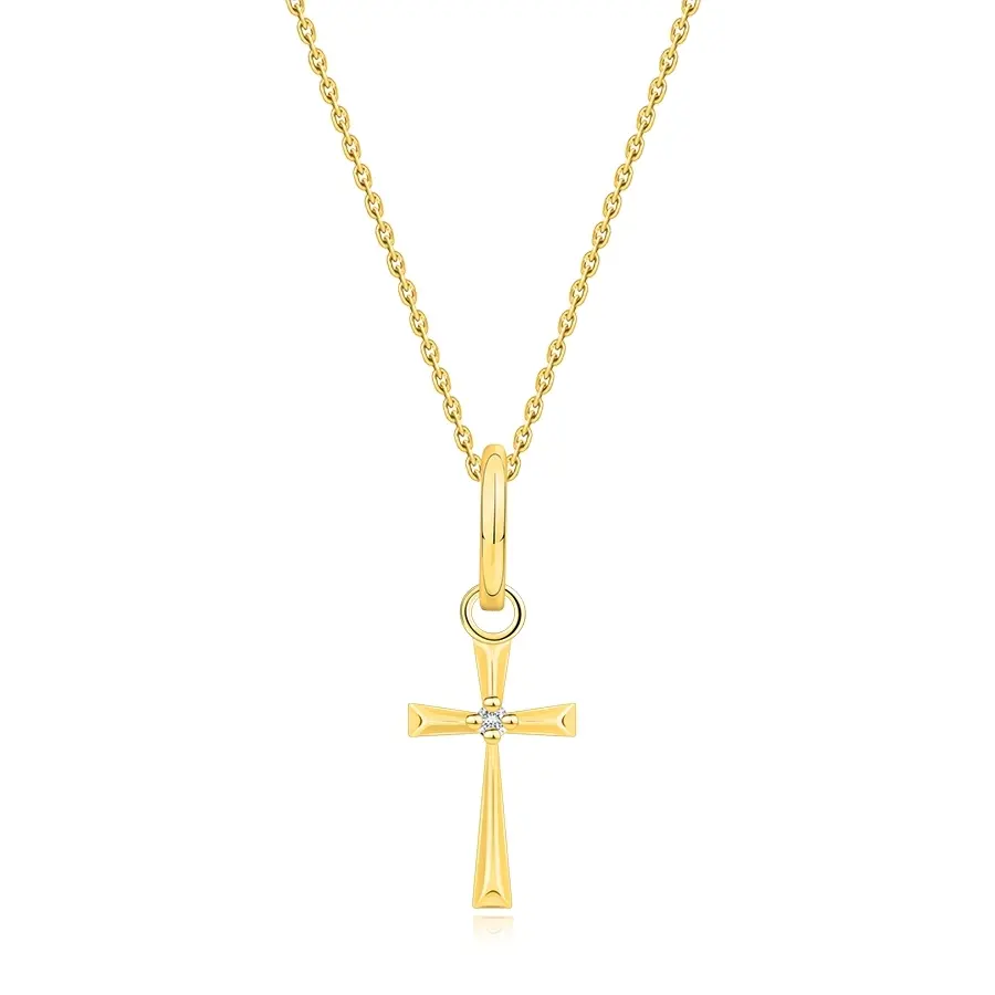 Náhrdelník v žltom zlate 375 - kríž s trojuholníkovými ramenami, číry briliant