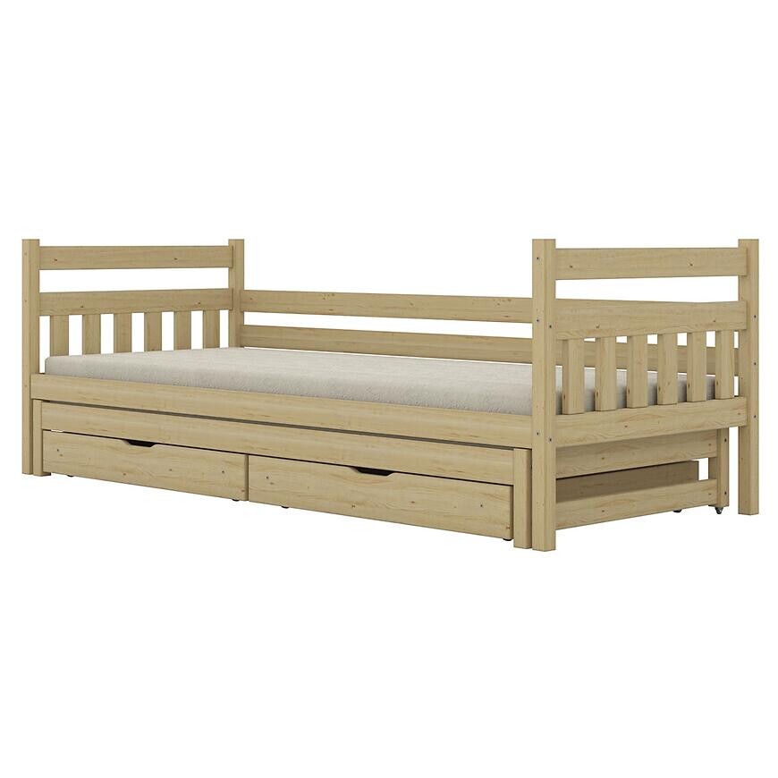 Posteľ Dawid s prístelkou + zásuvky 80x180 prírodná, nelakovaná