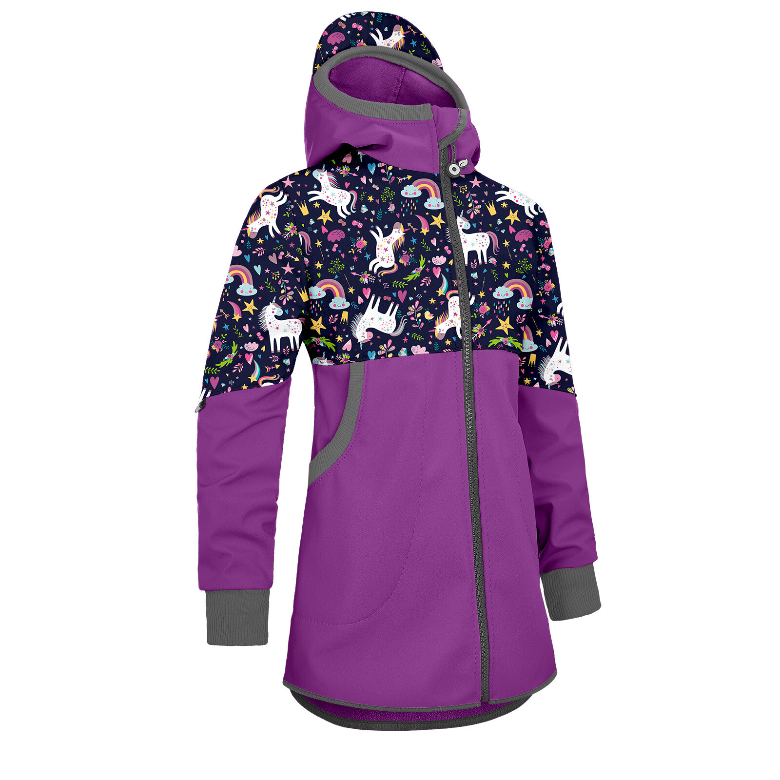 Unuo Unuo, Dievčenský softshellový kabát s fleecom Street, Ostružinová, Jednorožci Veľkosť: 98/104 8596227093922