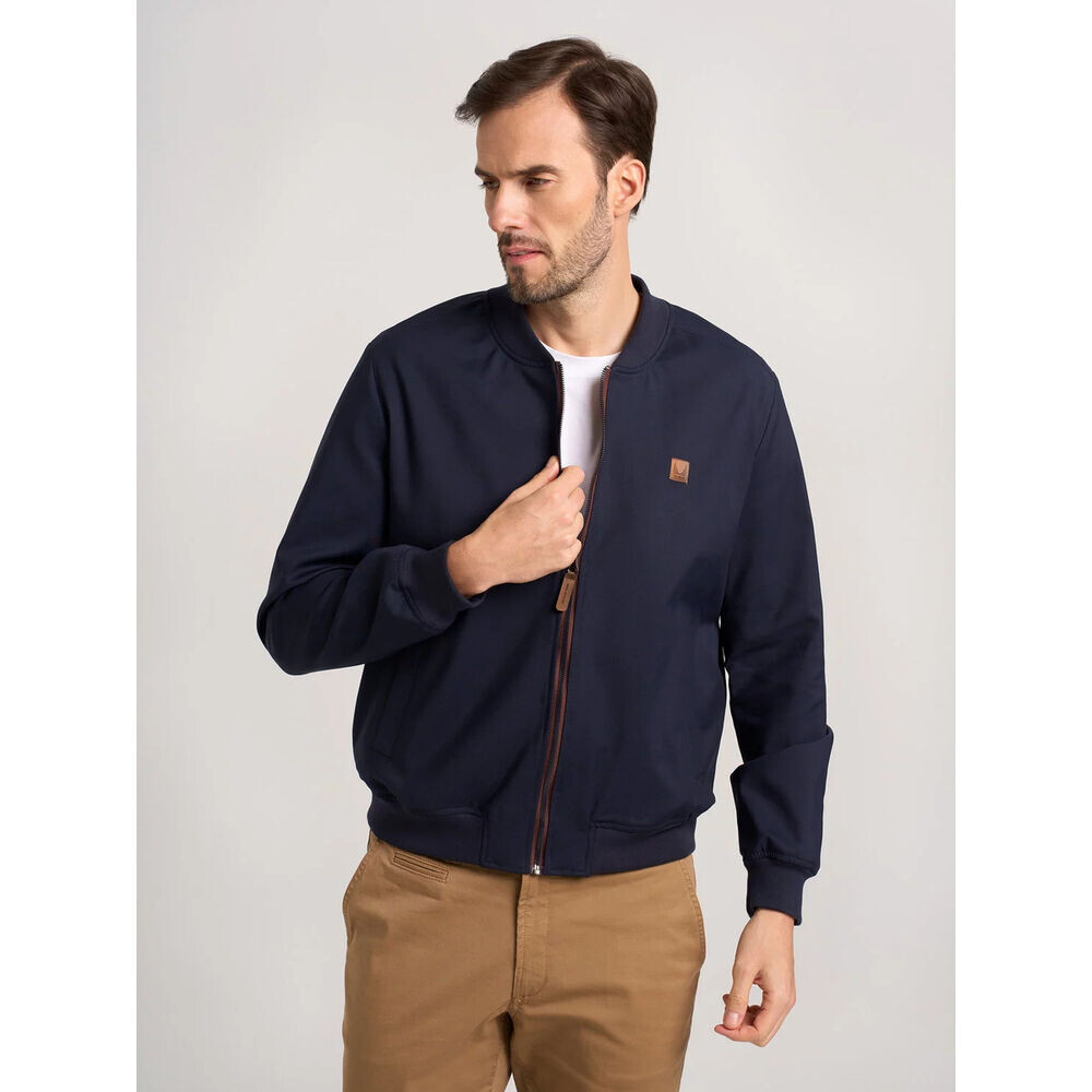 Tmavomodrá pánska bunda na zips s hnedými kontrastmi 18223