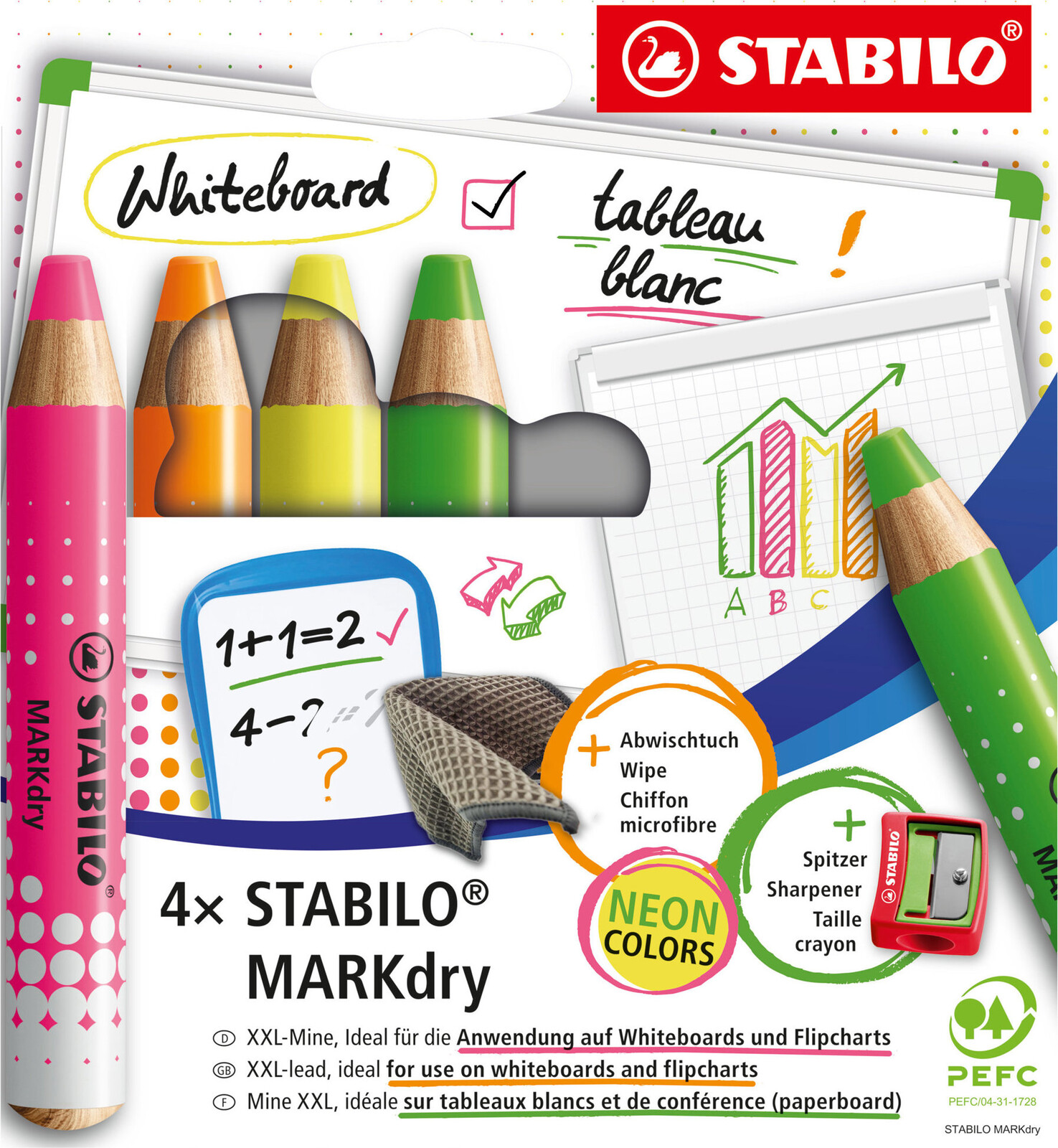 STABILO MARKdry Neon suché, na tabuli a flipchart, neonové barvy - sada 4 ks s ořezávátkem a hadříke