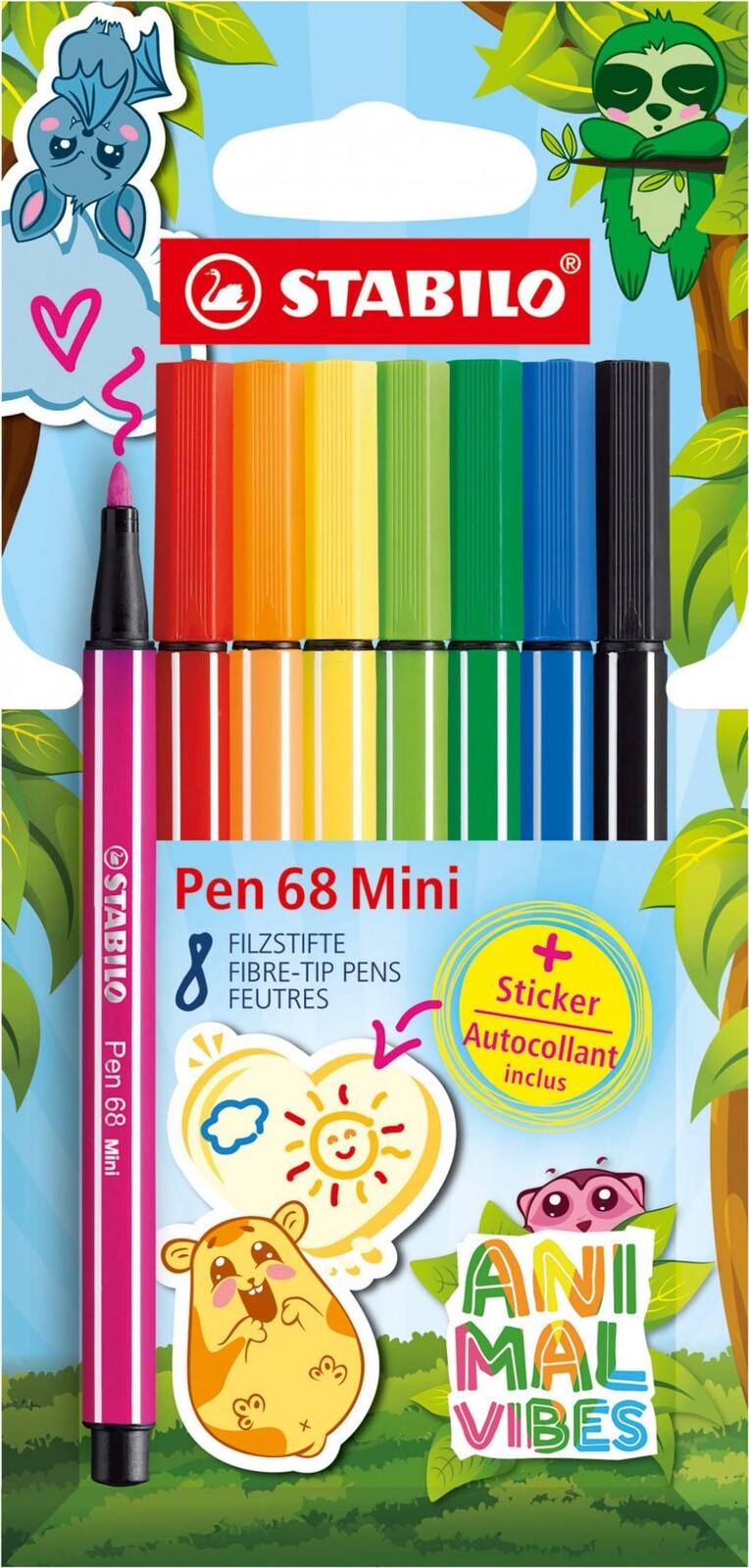 STABILO Pen 68 Mini Animal Vibes se samolepkami - sada 8 ks