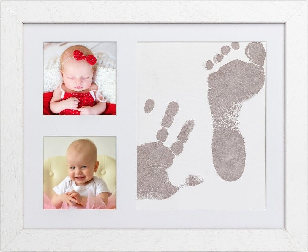 Tiny Memories Sada na otisk miminka v dřevěném rámečku, trojrámek Magic inkoust, dárková sada, bílý