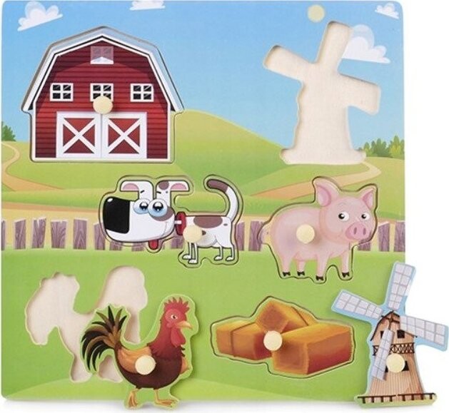 Tulimi Dřevěné zábavné, vkládací puzzle Farma - 6 dílků