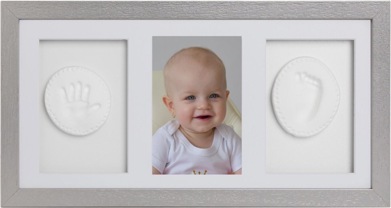 Tiny Memories Sada na otisky nožiček či ručiček, trojrámek, dárková sada pro miminko, stříbrná