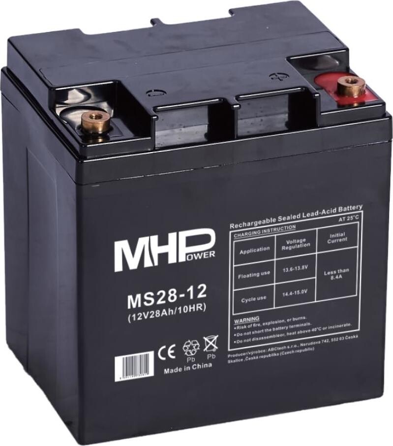 MHPower olovený akumulátor AGM 12 V/28 Ah, Terminál T1 – M6, MS28-12