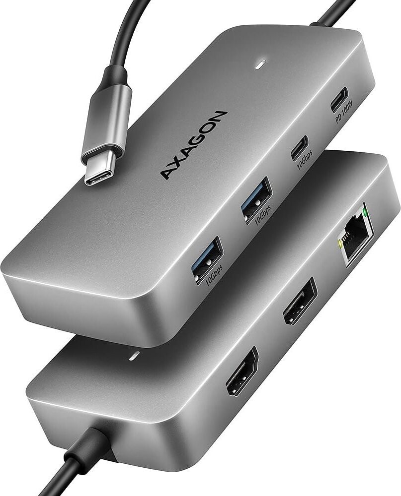 AXAGON HMC-CUB83X2, 7-in-1 Hub, USB-C 10 Gbps, 2× USB-A, 1× USB-C, HDMI & DP 4K/144 Hz, RJ-45, PD 100 W