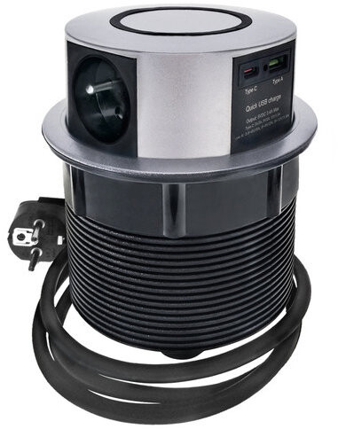 Solight 3z + USB A + C 20 W PD, Wireless 10 W, výsuvný blok zásuviek, 2 m, strieborný