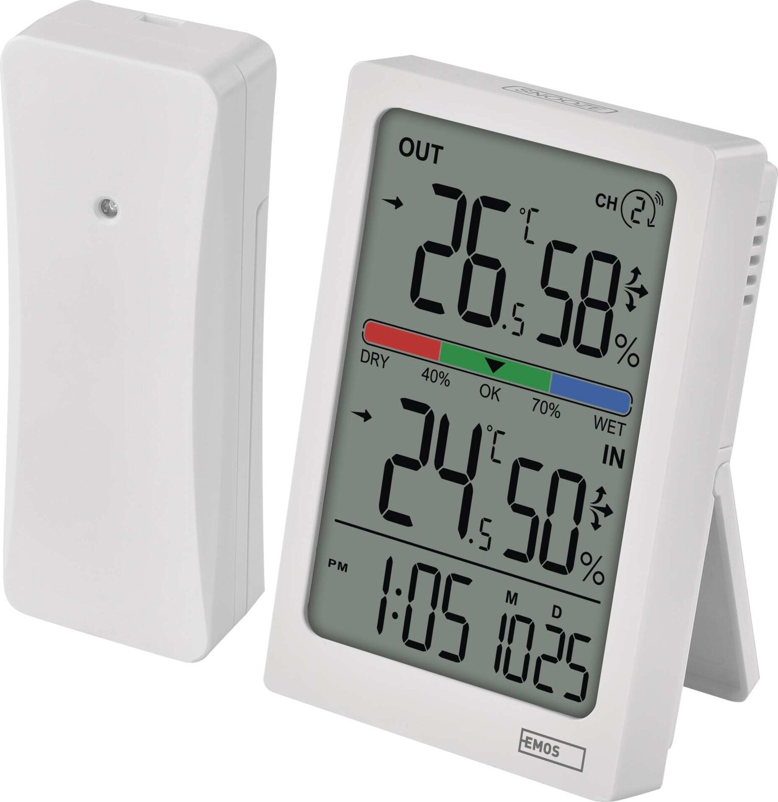 EMOS E0558W s vlhkoměrem, bezdrátové čidlo, budík, datum