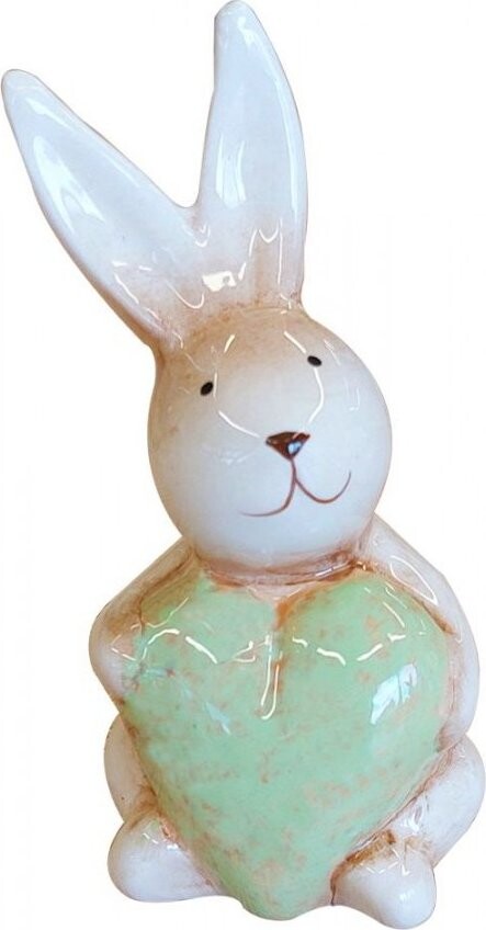 GOBA Veľkonočná dekorácia – Zajačik keramický so zeleným srdcom, 11 × 5 cm