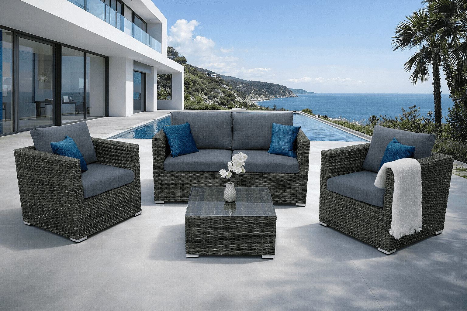 DEOKORK Ratanová variabilná zostava MALIBU pre 4 osoby (sivá)