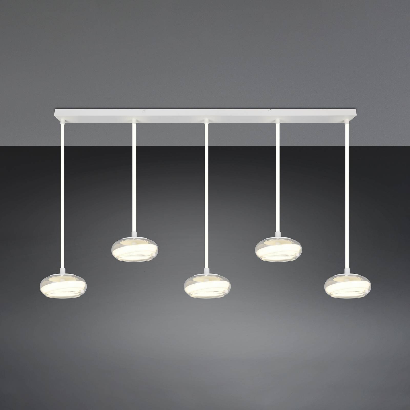 LED závesné svietidlo Tarsia, biela matná, dĺžka 161 cm, sklo, 5-pl.