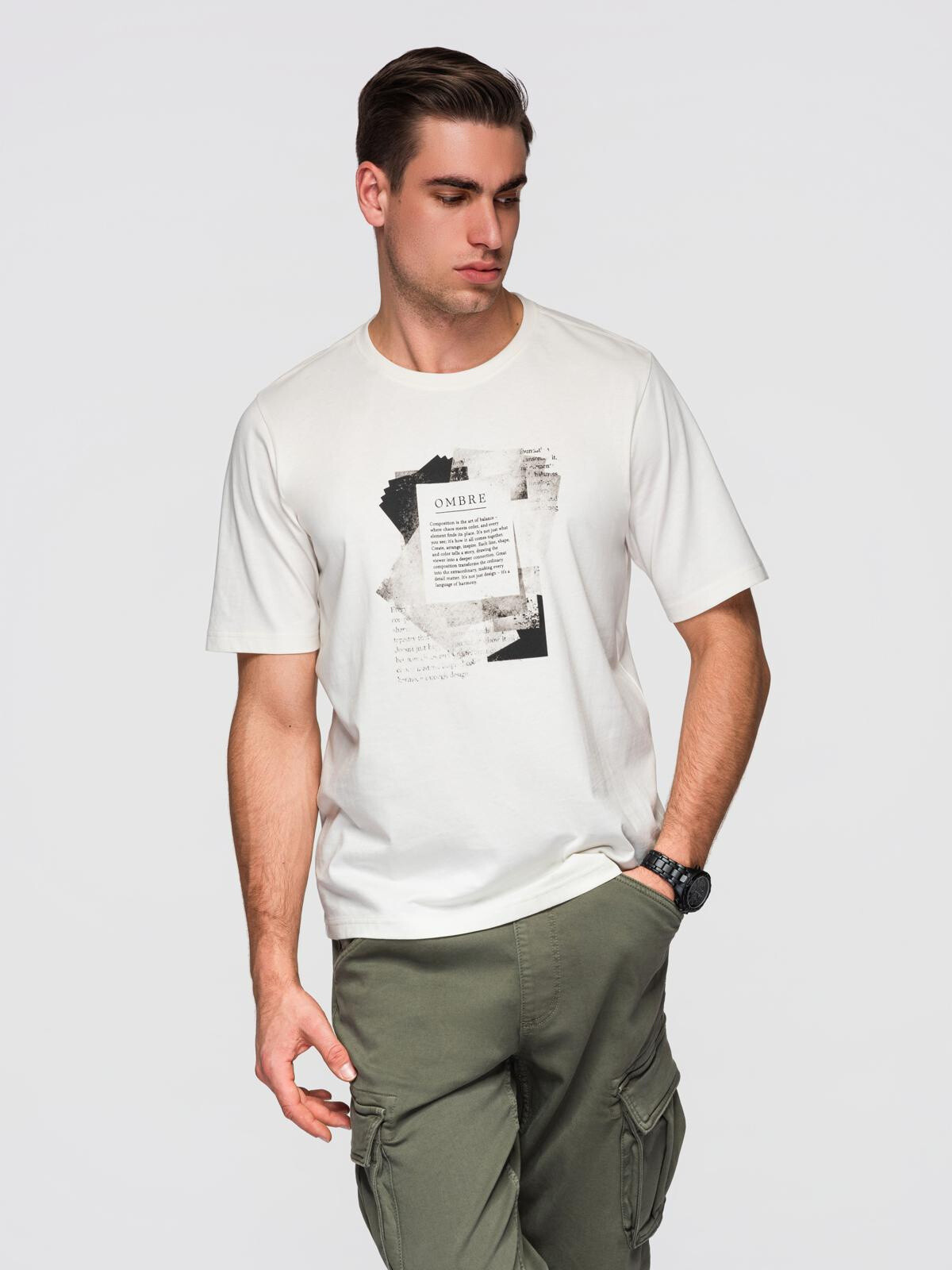 Ombre Men's cotton t-shirt with interesting print on chest - white