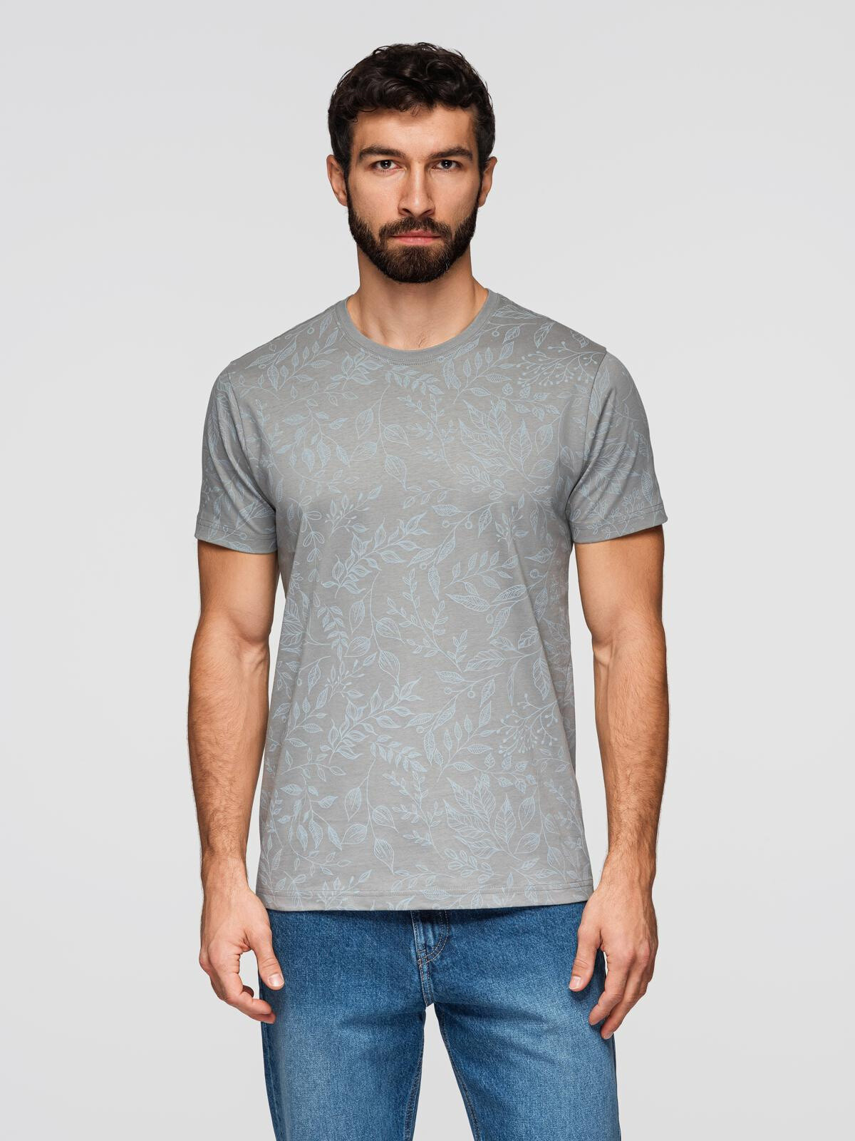 Ombre Men's cotton t-shirt with floral print - grey